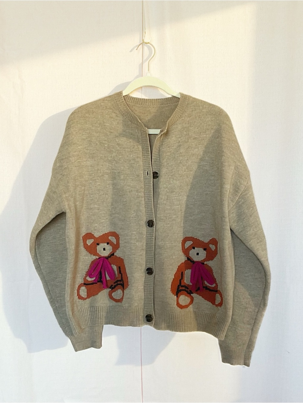 Amazon Beige Cardigan Sweater with Brown & Pink Teddy Motifs